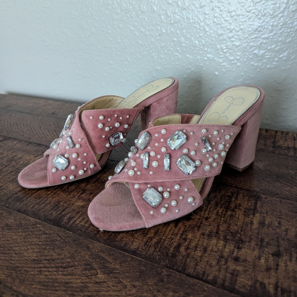 Jessica Simpson Elegant Pink Suede Jewel Embellished Women's Block Heels Sz 7.5